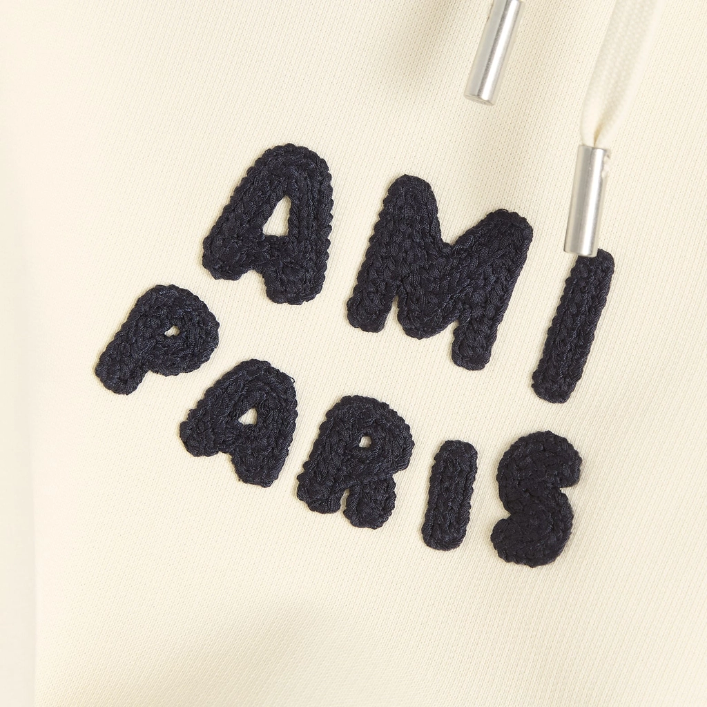AMI Paris Men's Woven Ami Logo Jersey Hoodie White Cream